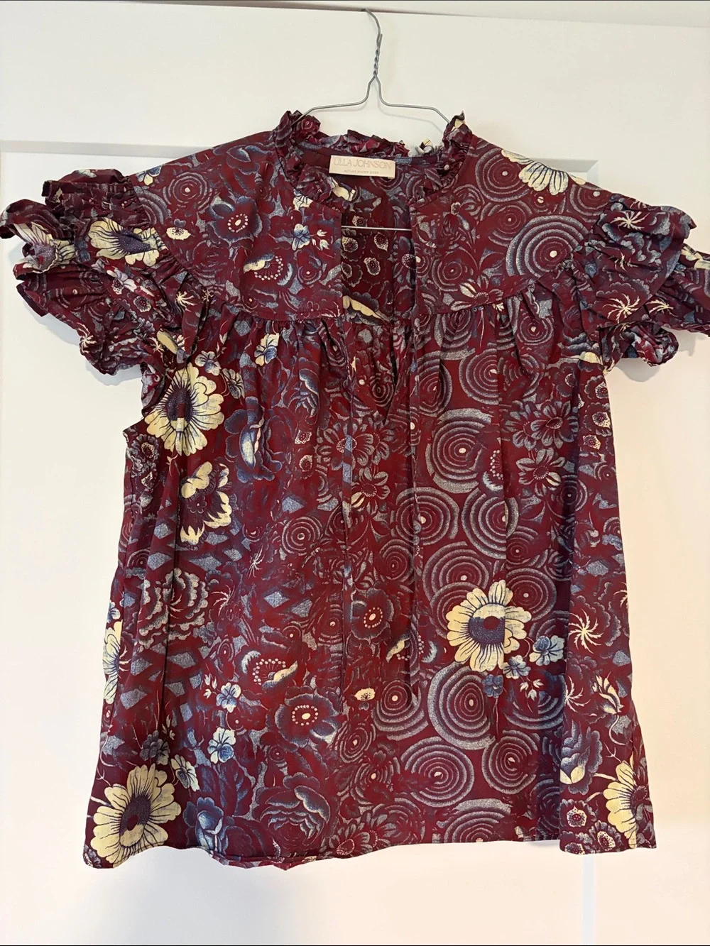 Ulla Maroon Floral Ruffle-Trim Women’s Blouse